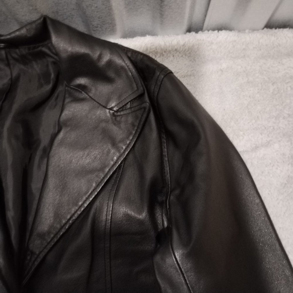 VTG C&A Jacket Women 14 Black Nappa Leather Trench Coat Long Leg Slit Steampunk - Picture 8 of 16